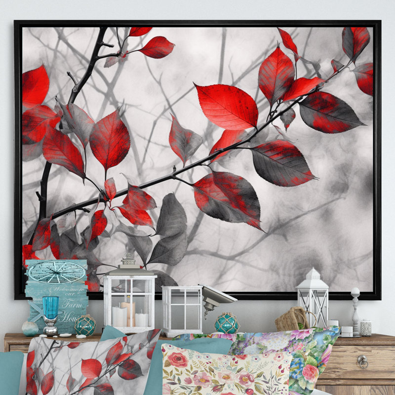 «Red Grey Leaves On Tree IV», reproduction d'art sur toile, H 30 po x l 40 po x P 1,5 po, Cadre flottant noir