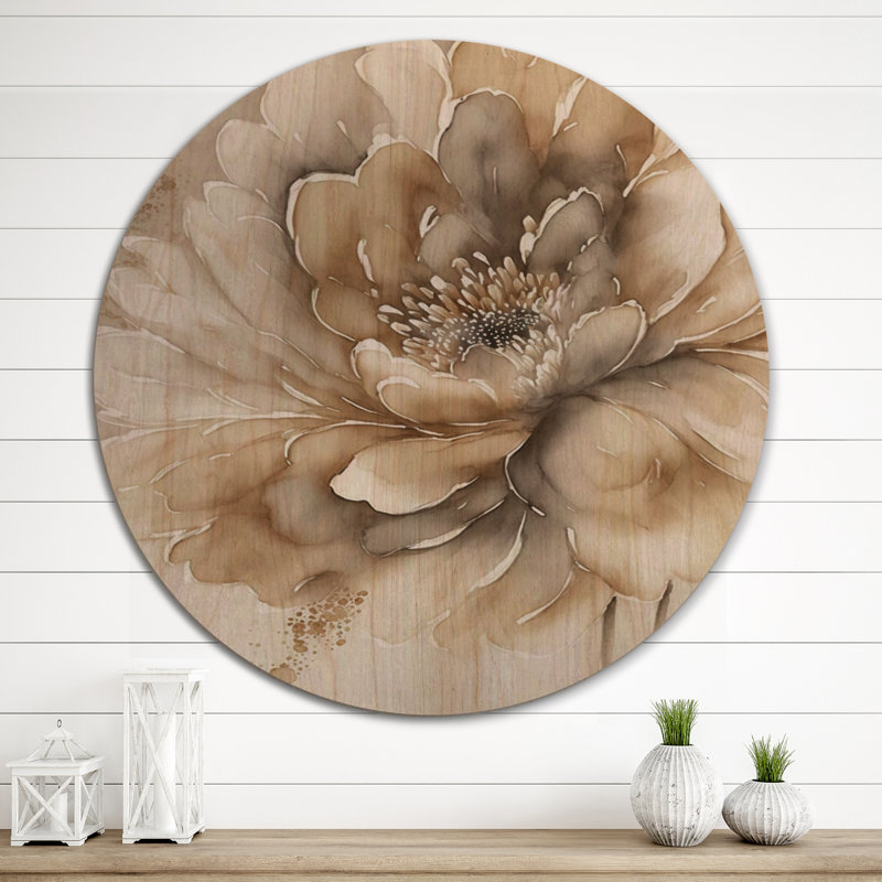 Simple fleur beige IV - Art mural en bois floral et botanique - Bois de pin naturel, L 23 po x H 23 po