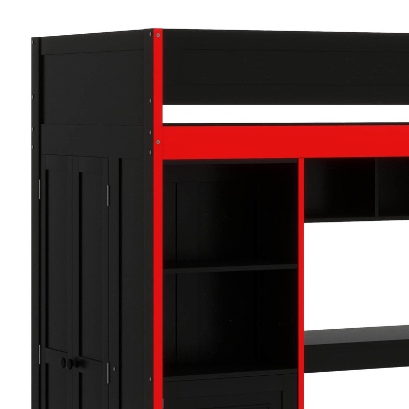 Lit mezzanine Gaming avec bureau intégré, grand espace de rangement et éclairage ambiant à DEL, Lit simple