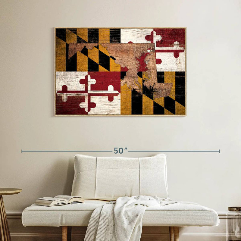 Carte d'État sur le drapeau du Maryland, Cadre flottant en bois naturel, 40 po x 27 po