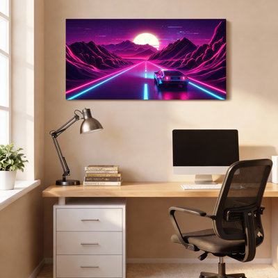 Ensemble de 1 tableau sur toile représentant un paysage automobile rétro-futuriste néon