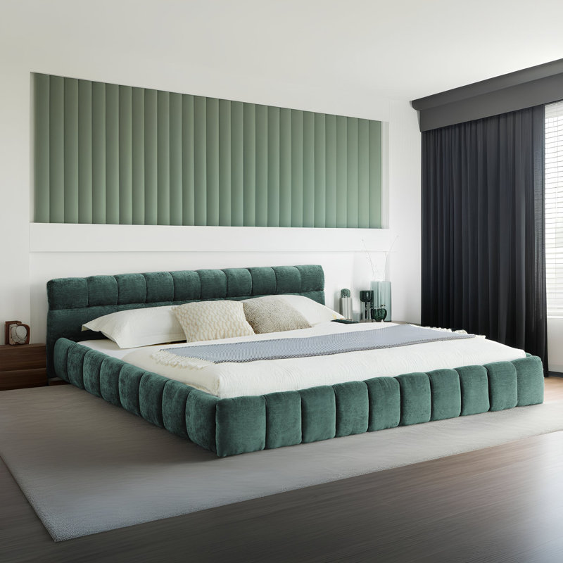 Lit plateforme tapissier très grand californien avec tête de lit - Tissu en chenille doux, aucun sommier nécessaire, Vert