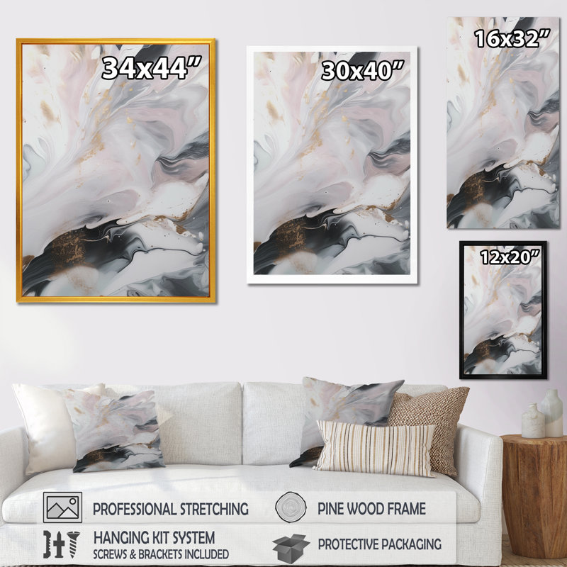 Blanc et gris ondulations de pierre II - impressions sur toile de marbre abstraites, H 20 po x l 12 po x P 1 po, Toile tendue