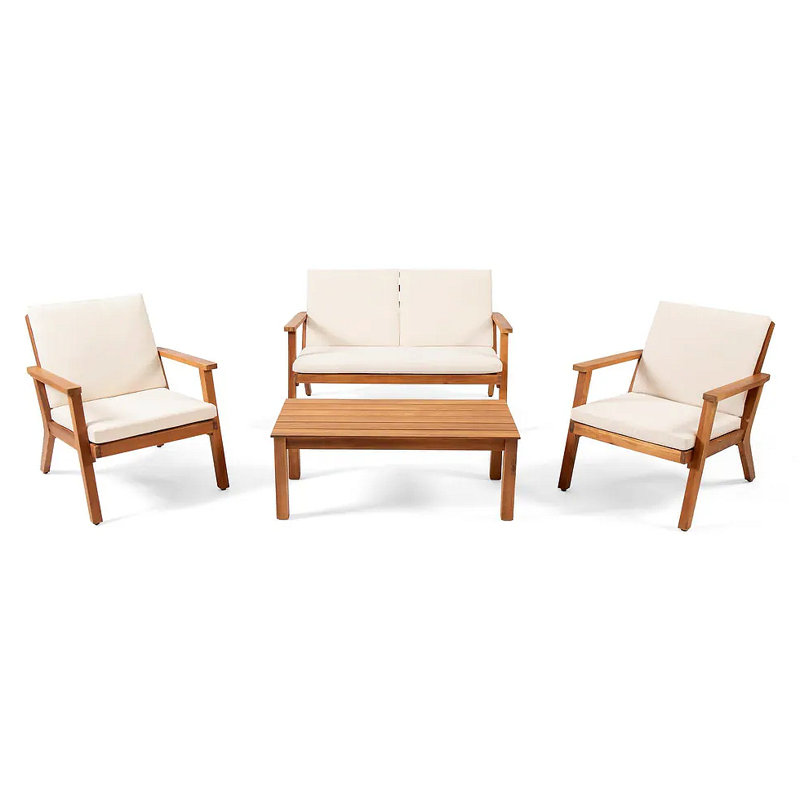 Channing Acacia 4 - Person Patio Conversation Set with Cushions, Cream, Brown Patina