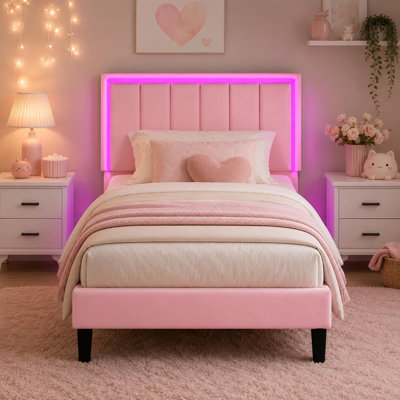 Ensemble de chambre à coucher 3 pièces avec lit en cuir à éclairage DEL intelligent et 2 tables de chevet modernes