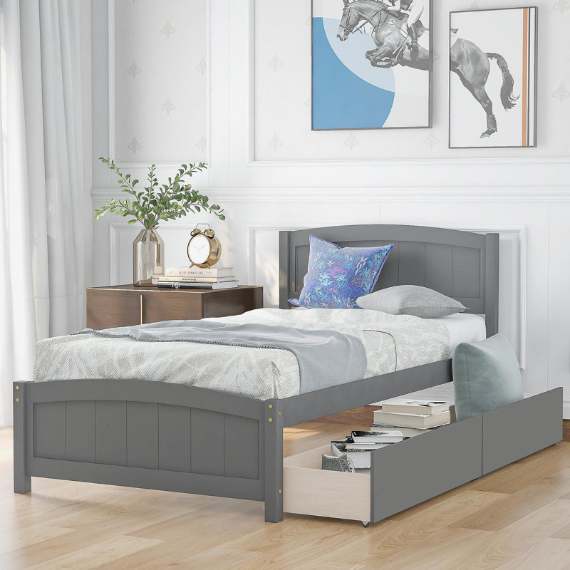 Lit plateforme simple avec deux tiroirs, gris