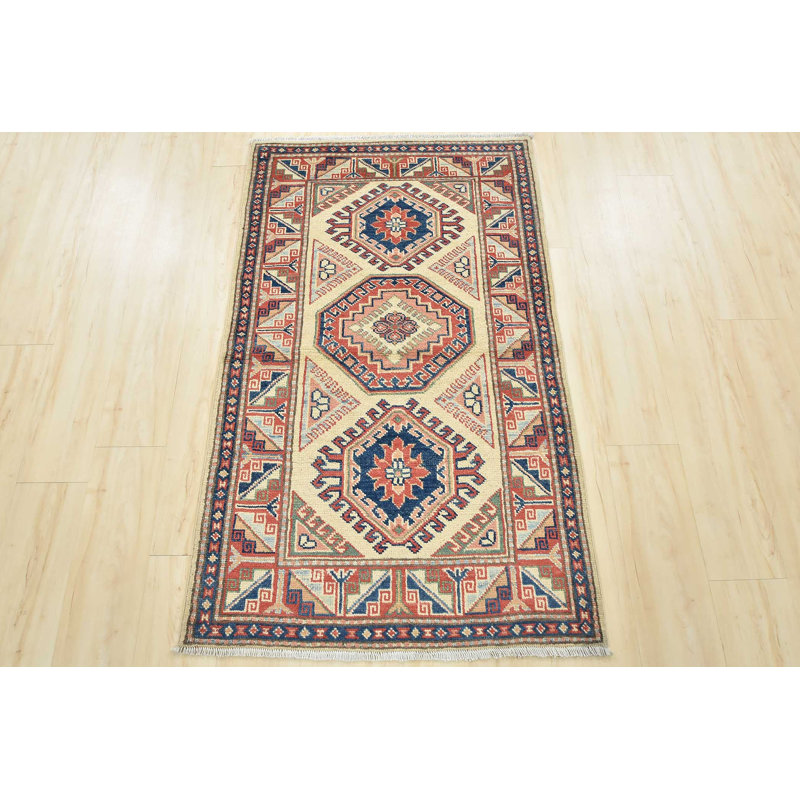 Tapis beige en laine noué à la main de conception unique 3 pi 1 po x 5 pi