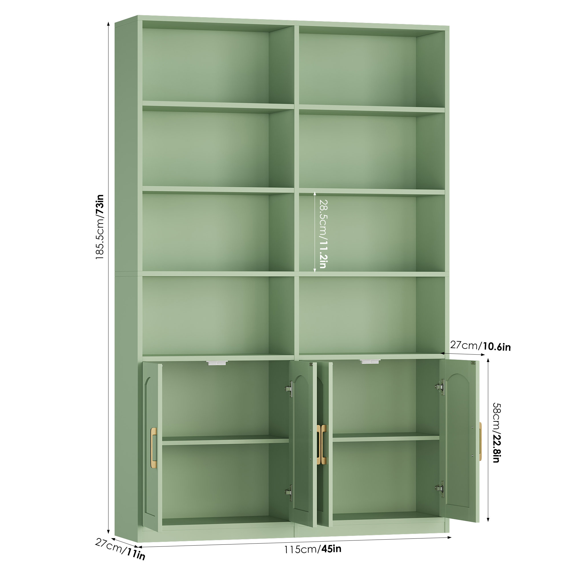 Kirklyn 73" H Standard Storage Bookcase with Doors and 8 Open Shelves, Modern Wood Organizer