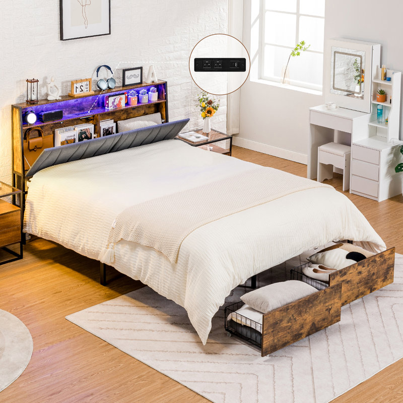 Bed Frame with Storage Headboard, Metal Platform Bed Frame with 2 Footboard Drawers, Built in Charging Station & LED, Noise-Free/Metal Support/No Box Spring Needed,