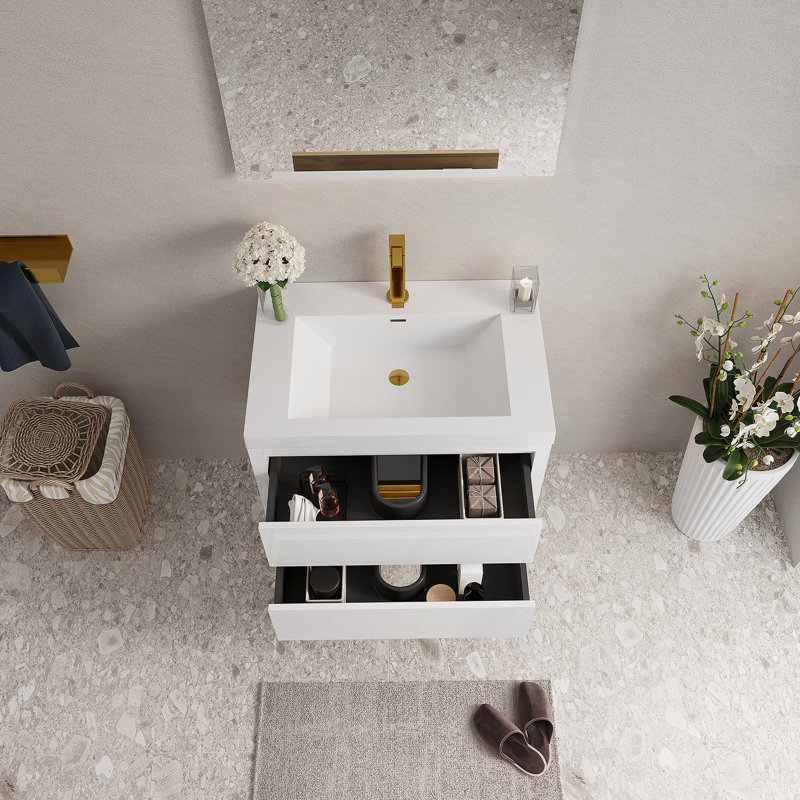 Meuble-lavabo mural avec lavabo, armoire de rangement flottante pour la salle de bain, comptoir et tiroirs à fermeture en douceur pour une utilisation pratique