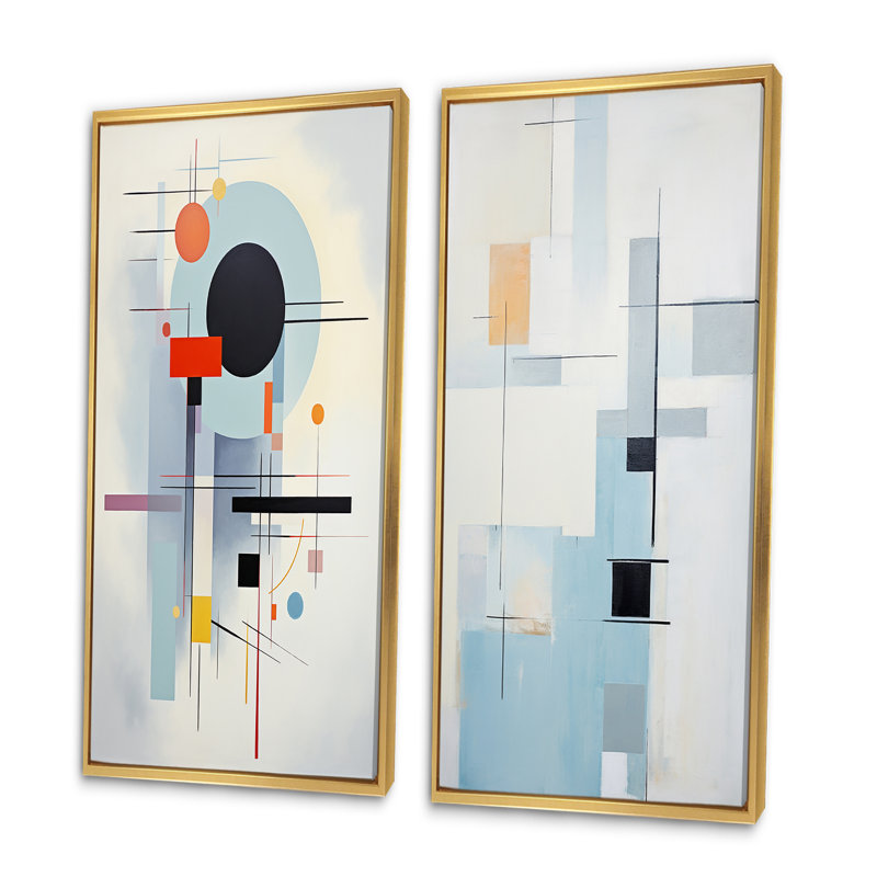 «Beige Blue Suprematism Serene Abstractions», 2 pièces, H 32 po x l 32 po, Encadrement doré