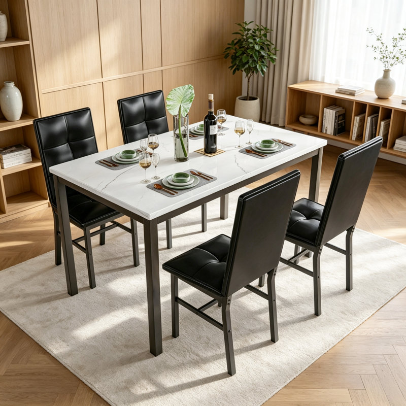 Ensemble de table de salle à manger pour 4 ensembles de cuisine et de salle à manger moderne de 5 pièces, table de cuisine en faux marbre avec 4 chaises en cuir synthétique pour petit espace, coin repas, coin repas, cuisine