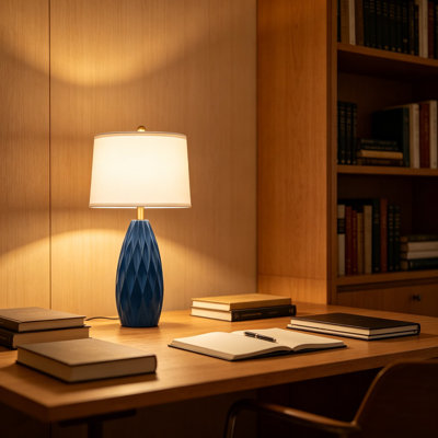 Ensemble de 2 lampes de table modernes en résine bleu marine de 25 po pour le salon, lampes de chevet en forme de losange avec abat-jour en lin, lampes de bureau pour la chambre à coucher et 2 ampoules incluses