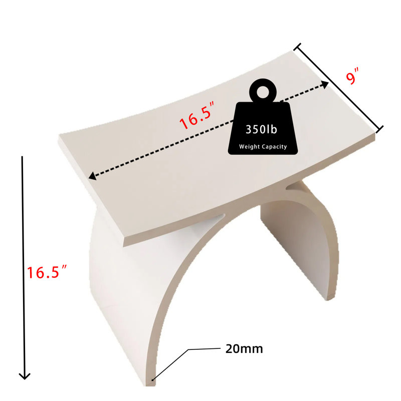 16.5"W Solid Surface Shower Bench, Matte White