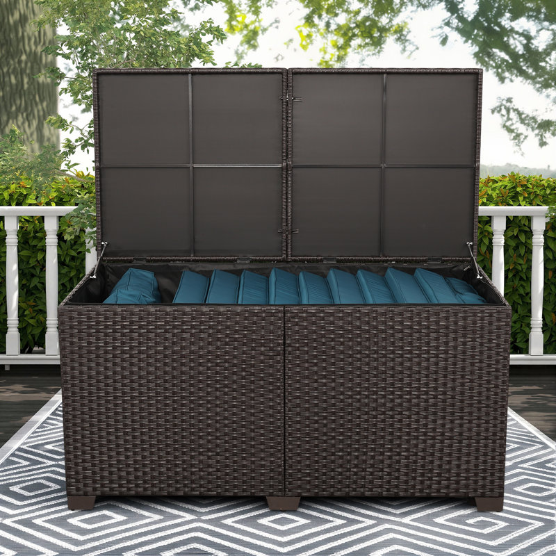 Rattaner Resistant Wicker Deck Box with Gas Spring Lid and Zippered Waterproof Inner Bag, Brown, 30" H x 59" W x 30" D