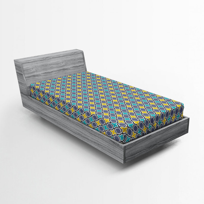 Microfiber Fitted Sheet, Twin XL Fitted Sheet, Blue/Yellow, Moroccan
