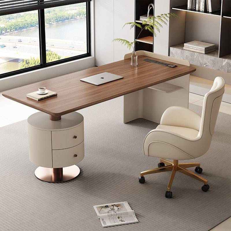 Bureau d'écriture minimaliste en noyer, table de bureau simple et moderne avec tiroir rond, 29.53" H x 55.12" W x 27.56" D
