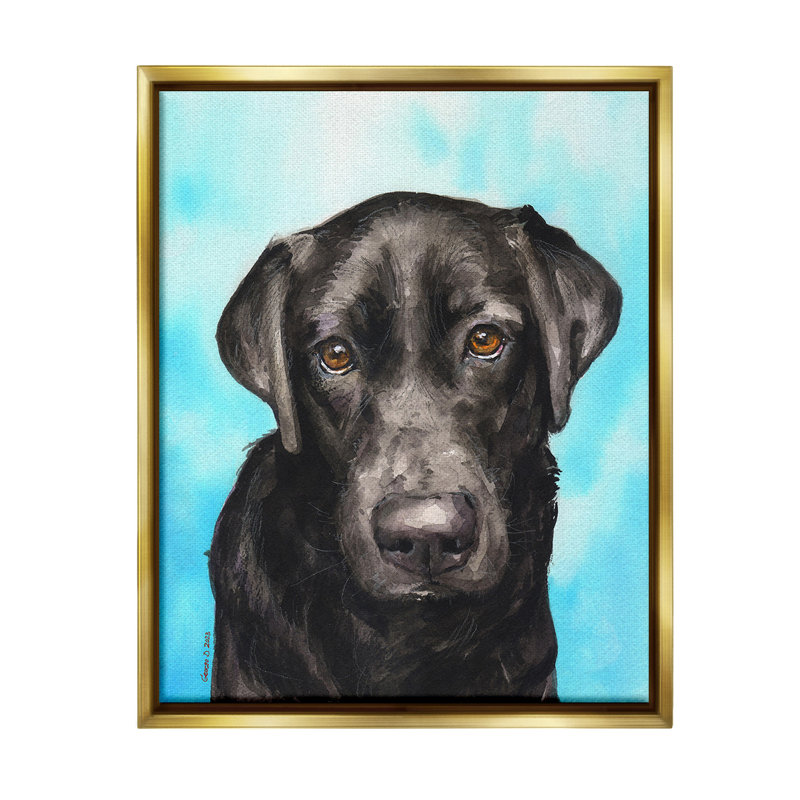 «Black Lab Portrait On Blue» par George Dyachenko sur toile, Cadre flottant métallique doré, H 21 po x l 17 po