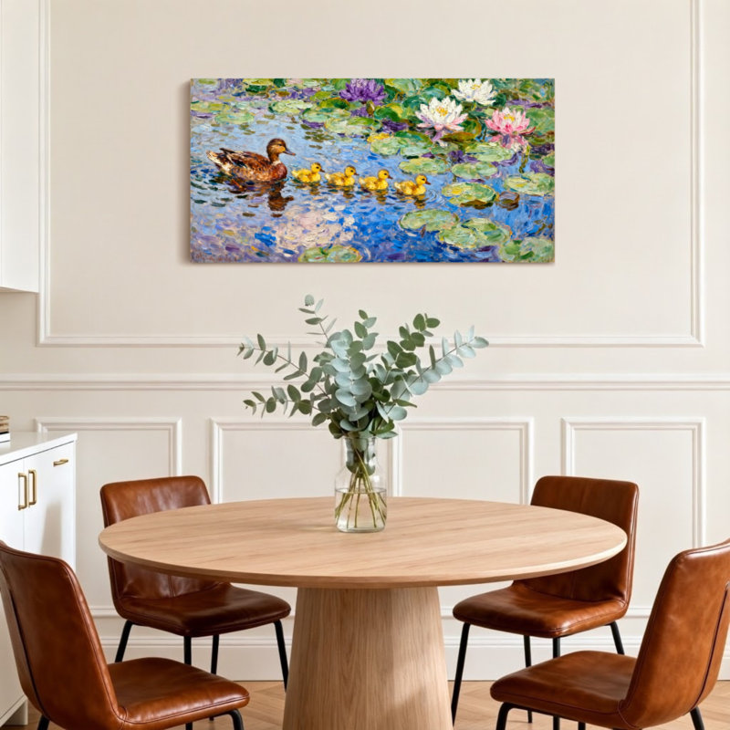 Animals Duck And Ducklings Water Lilies Pond, 16" H x 32" W