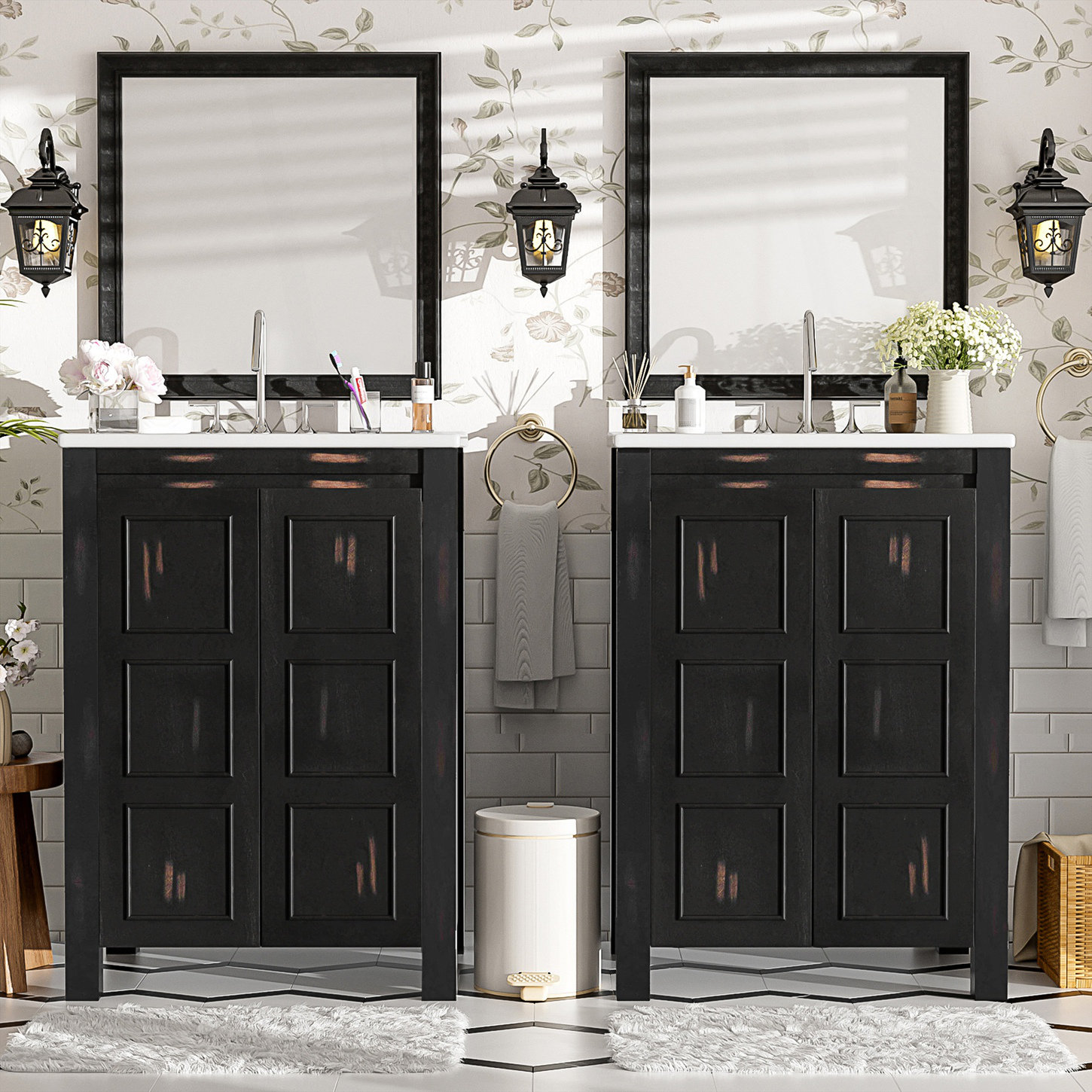 Winston Porter Vintage Style Small Bathroom Vanity Combo With Double  Vanities (Separate), Double Ceramic Sinks, Storage Shelf Amd Soft Close  Doors | Wayfair, image size:1450x1450