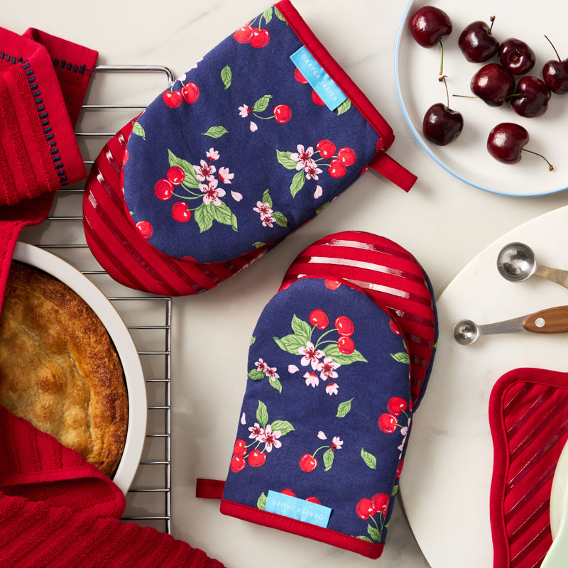 Ensemble de 2 mini-gants de cuisine en cerisier DRAPER, résistants à la chaleur et antidérapants, bleu marine / rouge, 5,5 po x 9 po