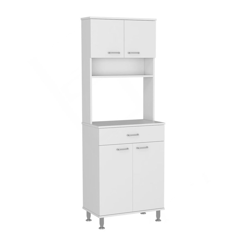Armoire garde-manger H 67 po, quatre portes, un tiroir, trois tablettes internes, 2 tablettes de rangement externes, option de rangement pour micro-ondes, quatre pieds, blanc