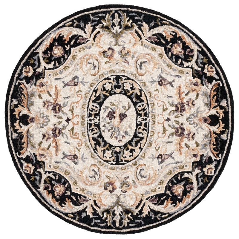 Savonnerie Hand Tufted Wool/Cotton Floral Rug in Black/Ivory/Ivory/Black, Square 6'