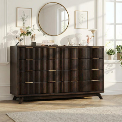Fluted 8 Drawers Dresser 54in Wide Modern Chest of Drawers with Faux Marble Top Dresser TV Stand Wood Drawer Organizer Walnut Brown