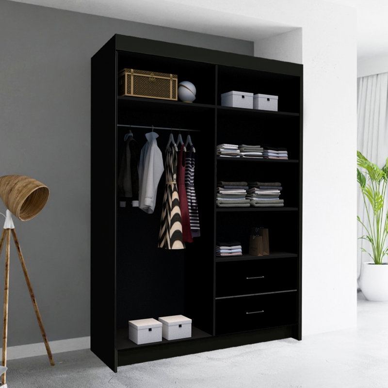 Manhattan Double Sliding High Gloss Door Mirror Wardrobe with Drawers, 217 H x 150 W x 62 D cm, Black High Gloss