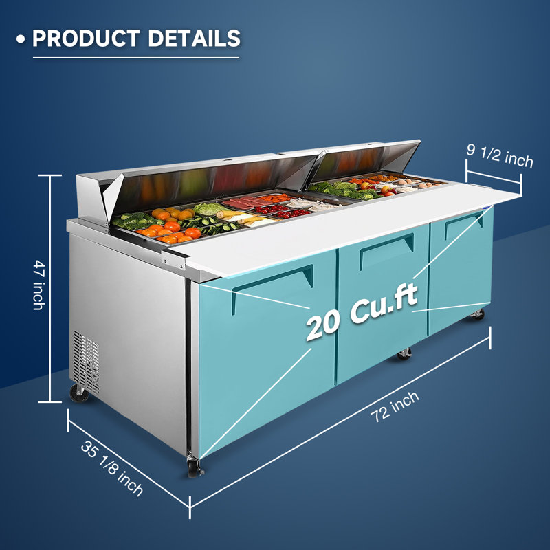 Fennel 72" Stainless Steel Prep Table Refrigerator with Cutting Board, Storage Drawer and Protective Lid