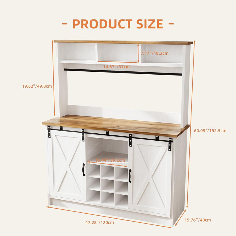 Armoire à café avec rangement Abrianna Farmhouse, bar à vin 47 po, porte-bouteilles pour la cuisine, Blanc