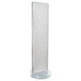 Présentoir de plancher en carton perforé à deux côtés sur une base de studio ronde et pivotante: support à roulettes. Taille du panneau: l 16 po x H 60 po