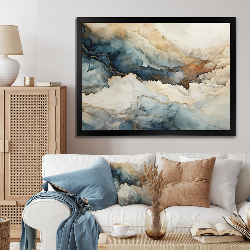 «Blue and White Marble River», art mural abstrait en marbre, Cadre simple noir, H 34 po x l 44 po x P 1,5 po