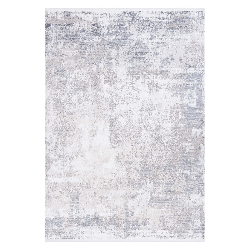 Tapis rectangulaire gris / ivoire en polyester tissé à la machine, Rectangle 10 pi x 13 pi