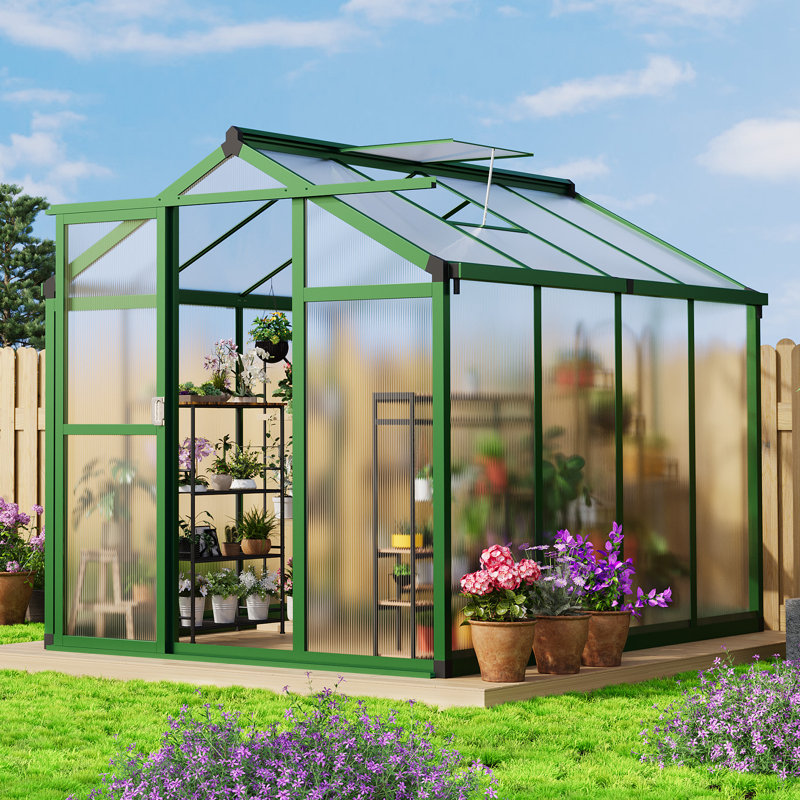 Green 6x8 Ft Polycarbonate Walk-in Greenhouse with Roof Vent and Lockable Sliding Door, Heavy-Duty Aluminum Frame for Garden, Backyard or Patio