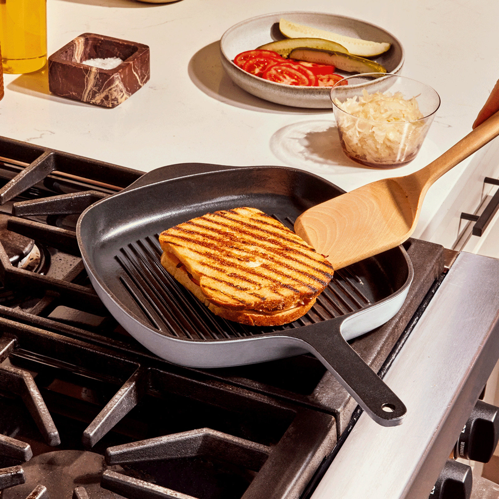 10.5" Enameled Cast Iron Grill Pan, Cream
