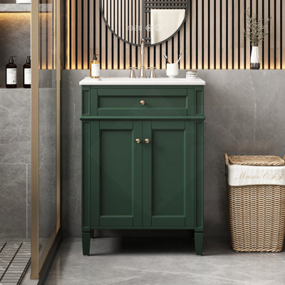 Meuble-lavabo de salle de bain avec 2 portes et tiroir coulissant, armoire de rangement de salle de bain avec lavabo, portes à fermeture en douceur avec organisateurs