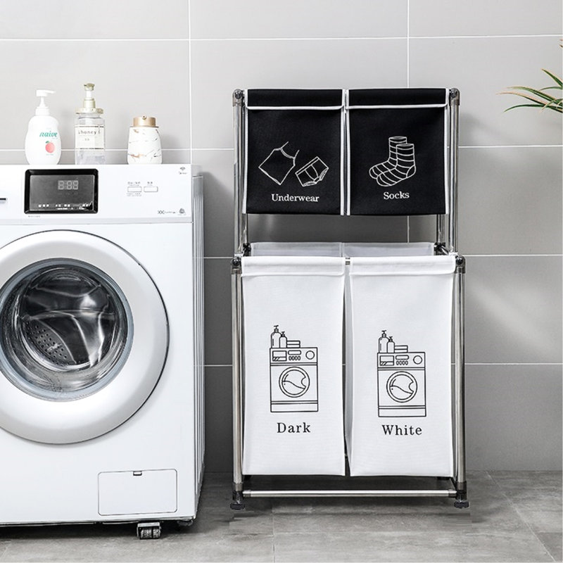 Trieur de linge à 2 niveaux avec 4 sacs en toile - Espace de rangement spacieux et usé