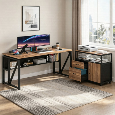 63" L-Shaped Executive Desk With Storage Shelves & Mobile File Cabinet, 2-Piece Home Office Desk Set
