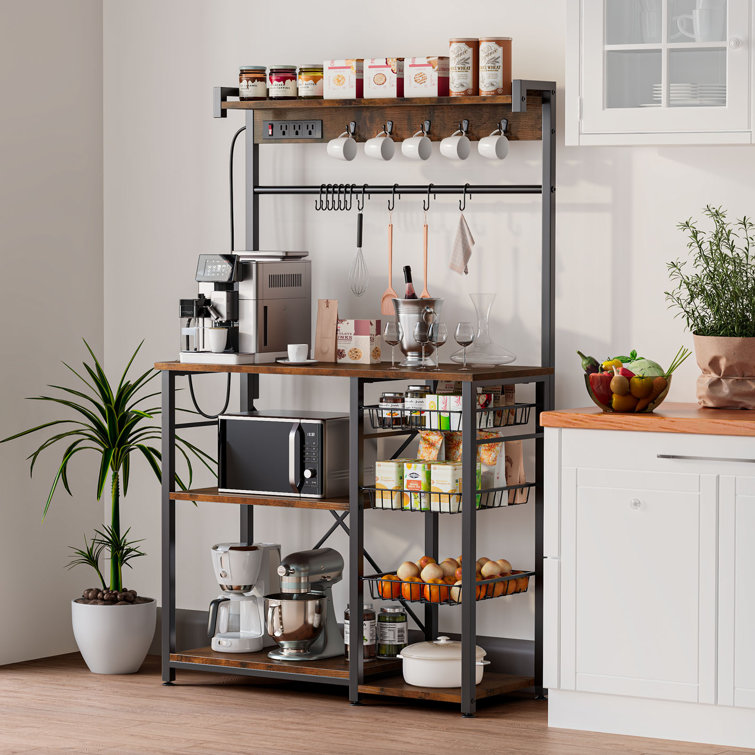 38.2'' Baker's Rack with Power Outlets, Microwave Stand, Coffee Bar, 3 Wire Baskets, 10 S-Hooks