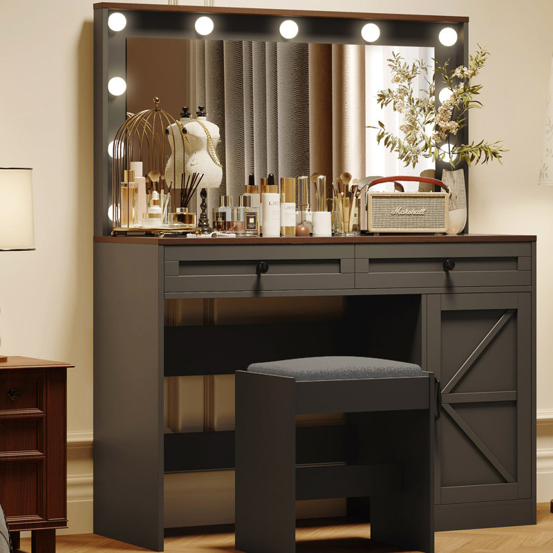 Coiffeuse 43,4 "avec 11 lumières DEL, luminosité réglable, 3, table de maquillage pour femmes, coiffeuse noire, tabouret pour femme