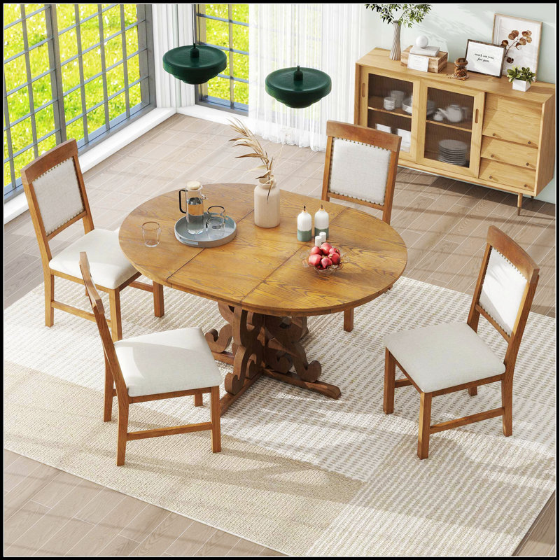 Ensemble de salle à manger 5 pièces - table extensible et 4 chaises rembourrées - rallonge réglable, détails sculptés, Noyer