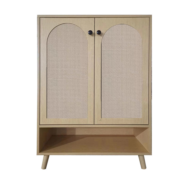 Shoe Storage Cabinet With Adjustable Plates And 2 Rattan Doors Freestanding Organizer With Legs Narrow Shoe Rack Cabinet, For Home, Office, Enterway