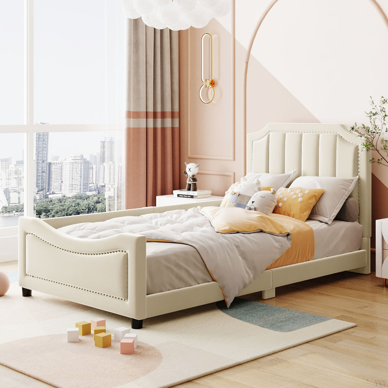 Lit de jour rembourré avec tête de lit à rayures classique, Beige