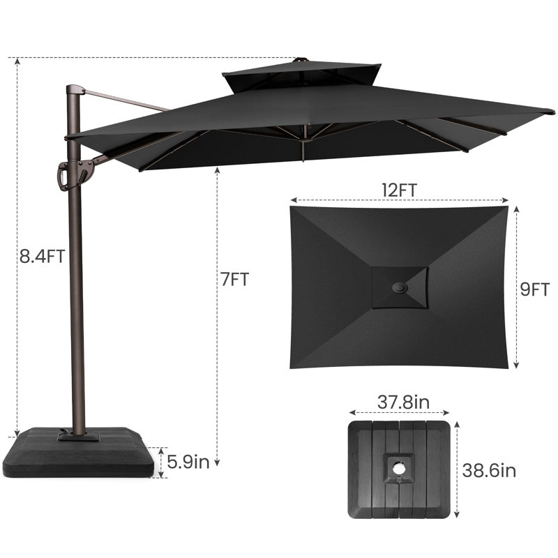 Parasol en porte-à-faux rectangulaire 12 'X 9' avec contrepoids, Noir