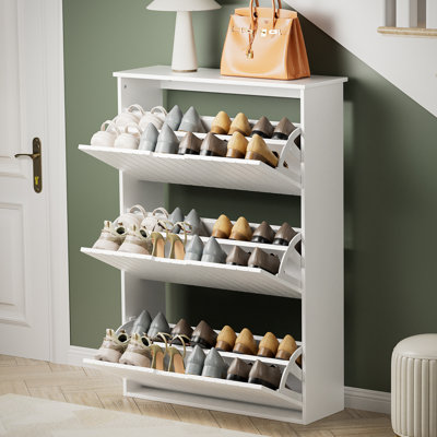 24 Pair Shoe Storage Cabinet, Shoe Organizer With 3 Flip Drawers, Hidden Wooden Shoe Organizer With Adjustable Shelf For Hallway, White