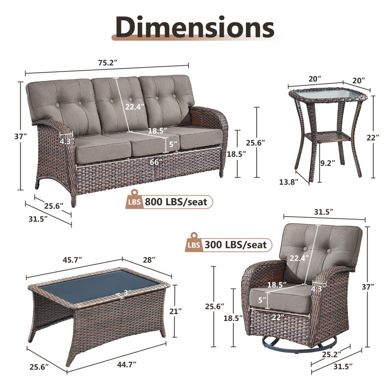 Mobilier de conversation avec coussins en T en osier pour l'extérieur pour 5 personnes Agnes, Gris