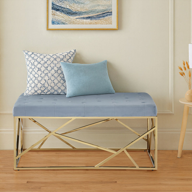 Redd Velvet Upholstered Bench, Grey, Gold