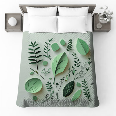 Green Botanical Leaves Quilted Bedspread All Sizes