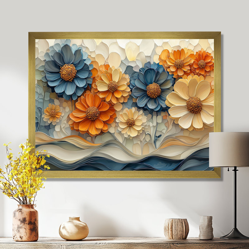 «Isabala Dreamscape Dancing parmi les Zinnias I», art mural Zinnias, Reproduction encadrée d'une seule photo, Doré